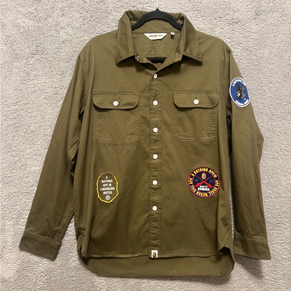 A Bathing Ape Patch Work  Button Down Shirt  Olive Green Size XL  EUC